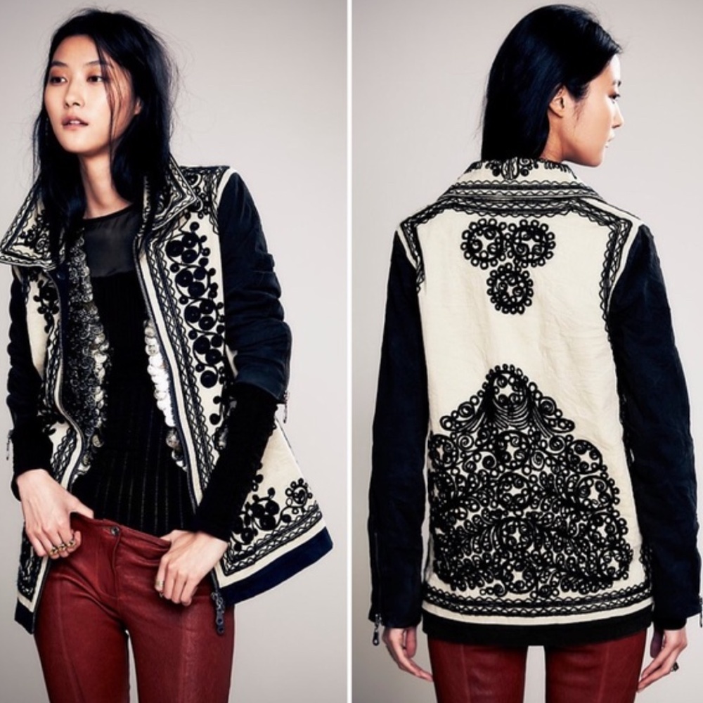 Free People khaki & black embroidered jacket
